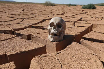 A dummy human skull lies on cracked ground in the steppe due to climate change on the planet.