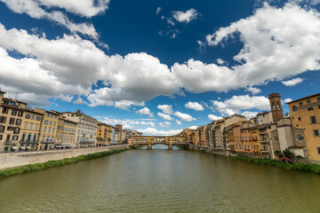 Florence, Italy - May 31, 2024: Ponte Vecchio bridge on Arno river.
