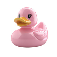 Fototapeta premium Glossy pink rubber duck 3D illustration, cute bath toy icon. Plastic ducky decor for baby shower and bathroom design isolated PNG with Transparent Background