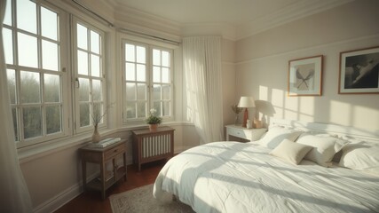 Bright and cozy bedroom with large windows and comfortable bedding.