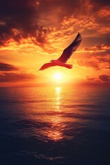 Fototapeta premium Bird flying over ocean at sunset
