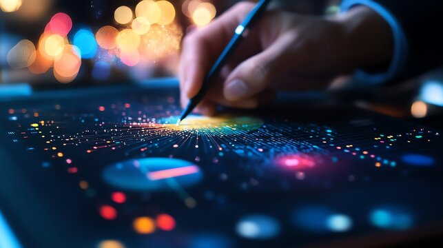 Hand using stylus on digital tablet with colorful data visualization and glowing bokeh effects in the background.