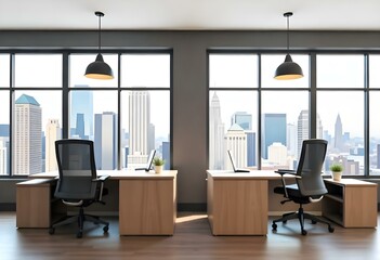 Fototapeta premium A modern office space with large windows overlooking a city skyline. The room has two desks with office chairs, wooden accents, and industrial-style pendant lights.