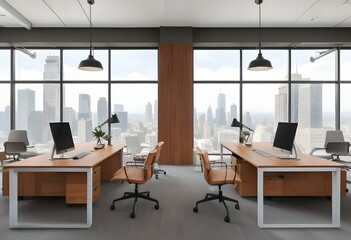 A modern office space with large windows overlooking a city skyline. The room has two desks with office chairs, wooden accents, and industrial-style pendant lights.