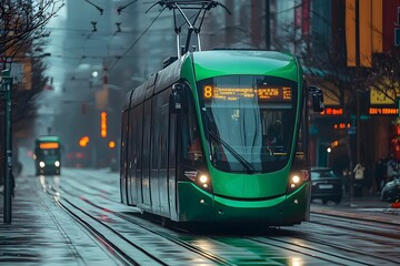 Obraz premium Green tram traveling through a city street in rainy weather
