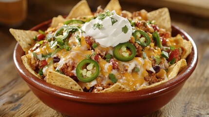 A delicious bowl of loaded nachos with cheese, jalapenos, and sour cream.