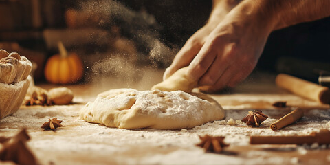 Close-up of hands kneading dough on floured wooden surface, cozy autumn baking scene with warm lighting and rustic ambiance, selective focus

