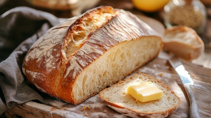 A delicious, warm loaf of freshly baked bread with butter on a rustic table.