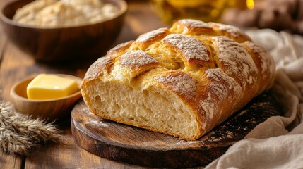 Naklejka premium A delicious, warm loaf of freshly baked bread with butter on a rustic table.