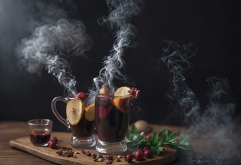 Bright hot cocktail mulled wine with alcohol on a black background. Generative AI.