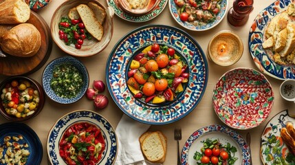 A festive table spread with a variety of colorful dishes for a family meal. 