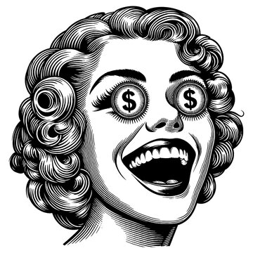 recommend clip art: excited woman with dollar signs in her eyes, symbolizing greed, money, and consumerism sketch engraving generative ai PNG illustration. Scratch board imitation. Black and white image.