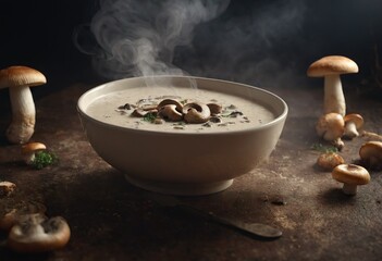 Creamed mushroom soup in a rustic bowl black food video background. Generative AI.
