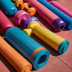 A collection of fitness accessories including yoga mats