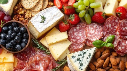 A flat lay of artisan cheese and charcuterie board with assorted fruits and nuts.