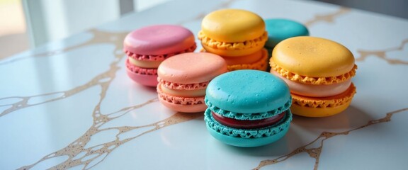 Obraz premium A row of colorful macarons are displayed on a white counter. The macarons are arranged in a neat row, with each one having a different color and flavor. The display is visually appealing and inviting