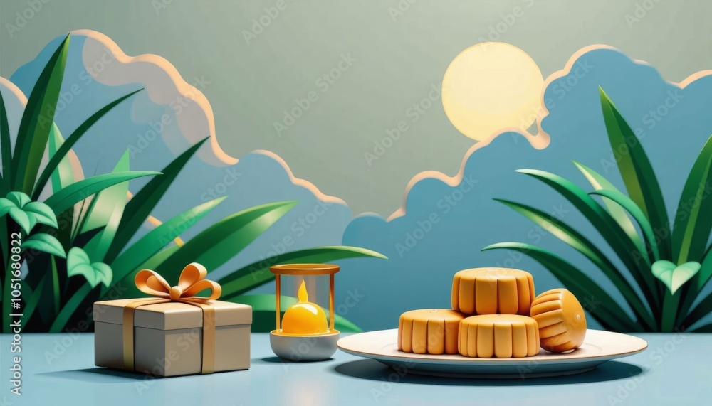 Poster a white box of cookies sits on a wooden table next to a window with a full moon shining through the 
