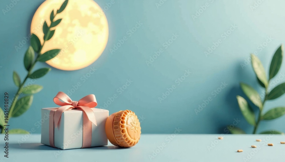 Poster a white box of cookies sits on a wooden table next to a window with a full moon shining through the 