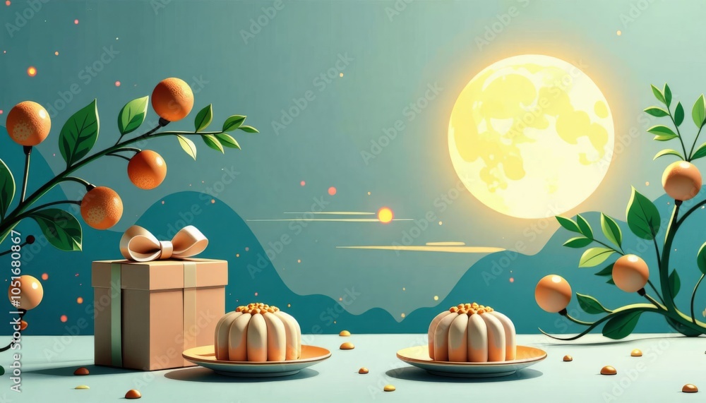 Poster a white box of cookies sits on a wooden table next to a window with a full moon shining through the 
