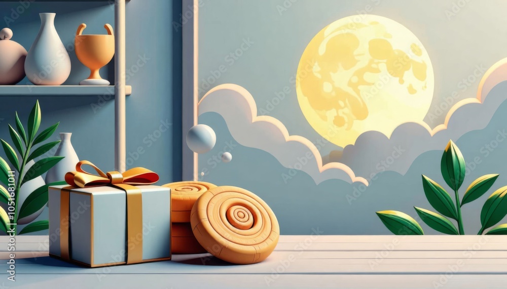 Poster a white box of cookies sits on a wooden table next to a window with a full moon shining through the 