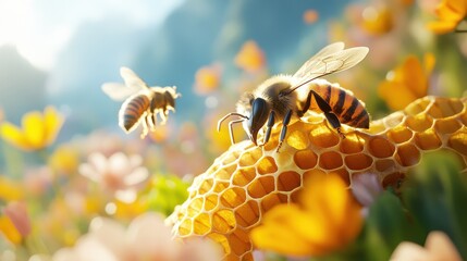 Bees buzzing around a vibrant honeycomb structure in a sunny garden, highlighting nature's beauty.