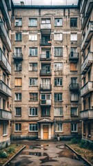 Fototapeta premium Residential high-rise building with a small yard and puddles on the asphalt. Realistic vertical image of residential building architecture in Russia