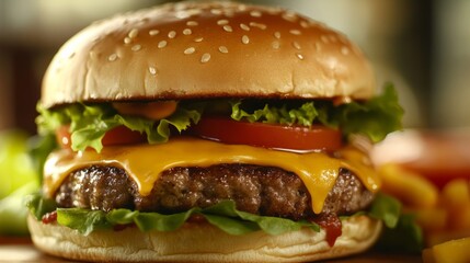 A gourmet burger with layers of cheese, lettuce, tomato, and a perfectly cooked patty