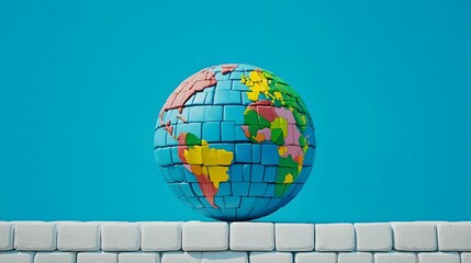 A vibrant globe made of colored blocks rests on a white brick platform against a bright blue background, symbolizing global unity and creativity.