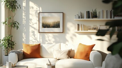 Bright living room with a mockup photo frame on the shelf