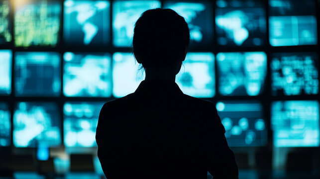 管制室でデータ画面を観察する女性