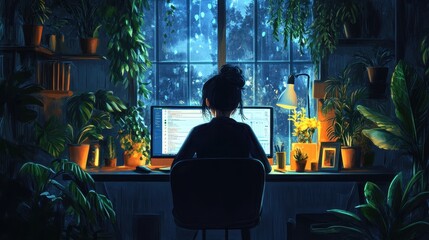 Naklejka premium Charming illustration of a person working from home, surrounded by plants and a cozy atmosphere, highlighting remote work culture.