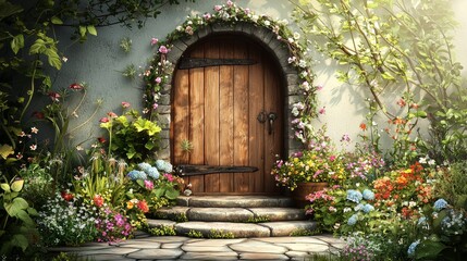 Fototapeta premium A whimsical wooden door adorned with flowers, surrounded by lush greenery and colorful blooms, invites exploration into a magical garden.