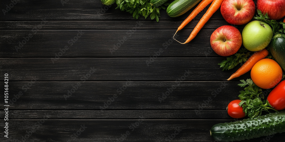 Poster a wide, top-down view of a black wooden table filled with a rainbow of vegetables and fruits, from c