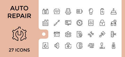 Auto Parts And Repair line icons set. Includes icons for vehicle, workshop, worker, auto, wash and more. Set of line pictogram. Editable stroke. Vector illustration.
