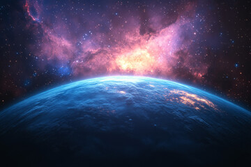 Obraz premium A Stunning Cosmic Landscape: A Blue Planet Surrounded by a Vibrant Nebula and Starry Skies