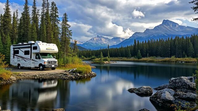 A motorhome is parked by a lake with mountains in the background