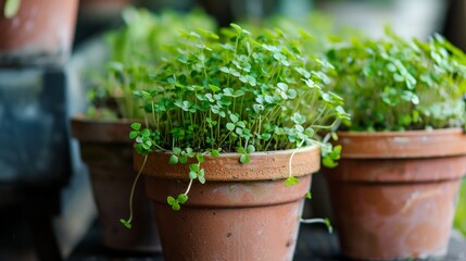 microgreens growing in small pots, Generative AI,