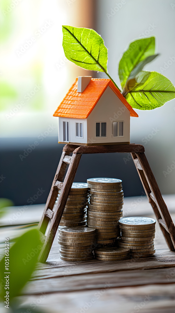 Poster a small house model placed on top of a ladder with stacks of coins below symbolizing investment and 