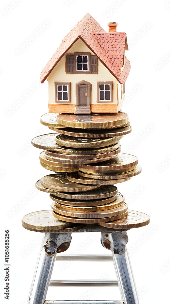 Poster a small house model is creatively placed on top of a stack of coins on a ladder symbolizing the conc