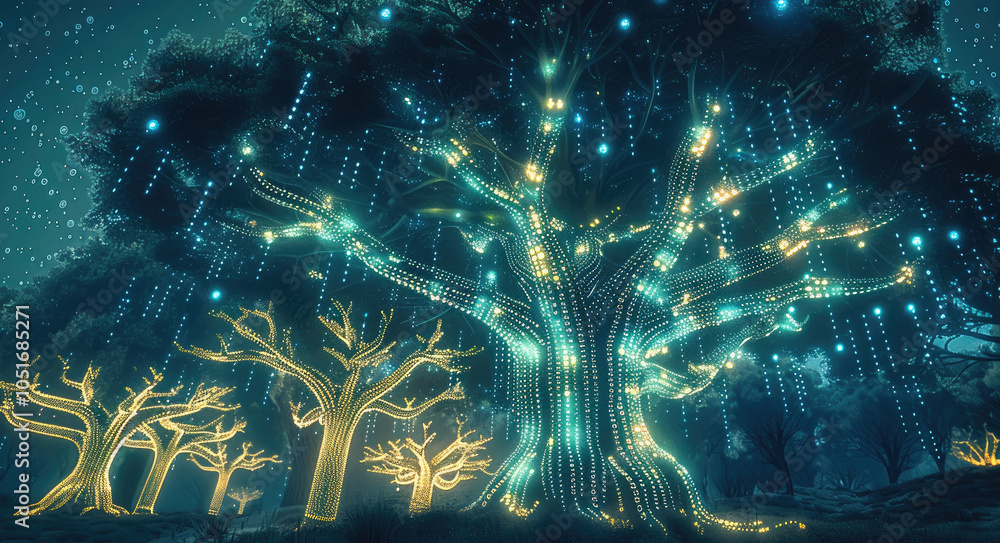 Poster giant, bioluminescent trees with binary code leaves, glowing against a dark sky.