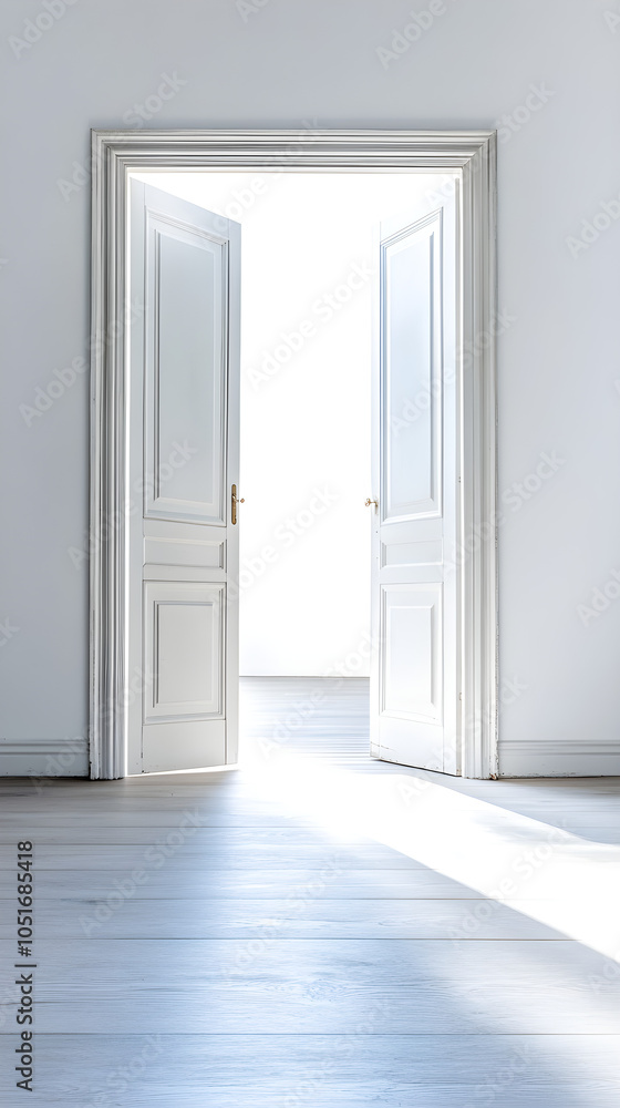 Poster an open door with light streaming in symbolizes new beginnings and opportunities in a minimalistic i
