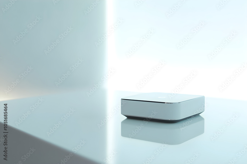 Poster a sleek virtual assistant device sits on a minimalist white surface, reflecting soft light in a mode