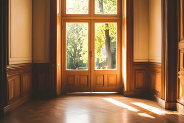 Fototapeta premium An open door with light streaming in creates a warm and inviting atmosphere, symbolizing opportunity and new beginnings in a serene interior space