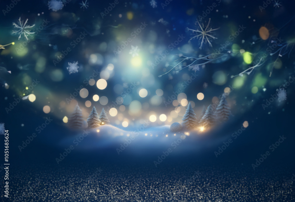 Poster a snowy, wintery scene with glowing lights and bokeh effects, creating a magical and festive atmosph