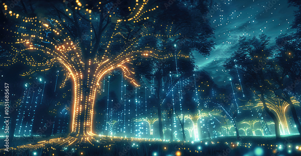 Poster giant, bioluminescent trees with binary code leaves, glowing against a dark sky.