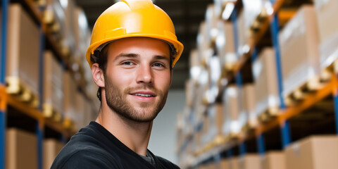 A handsome worker in a hard hat turns to place boxes in a warehouse stocked with towering shelves, demonstrating strength and focus in his logistics role.