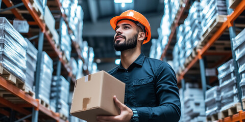 A male worker with a hard hat navigates the well-organized aisles of a warehouse, boxes in hand, as shelves stacked with inventory surround him.