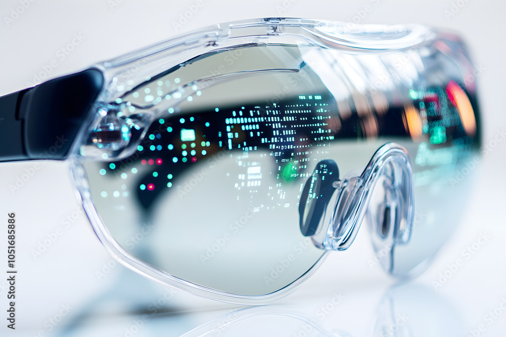 Poster close-up of a pair of smart glasses reflecting digital data and futuristic graphics showcasing techn