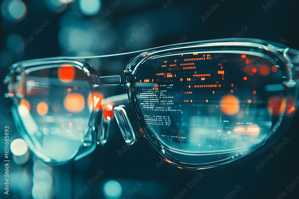 Aufkleber a close-up of smart glasses displaying digital data and glowing reflections highlighting technology 