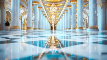 Fototapeta premium A stunning palace interior featuring grand columns, intricate designs, and a gleaming marble floor reflecting the opulent ceiling and elegance of the architecture.